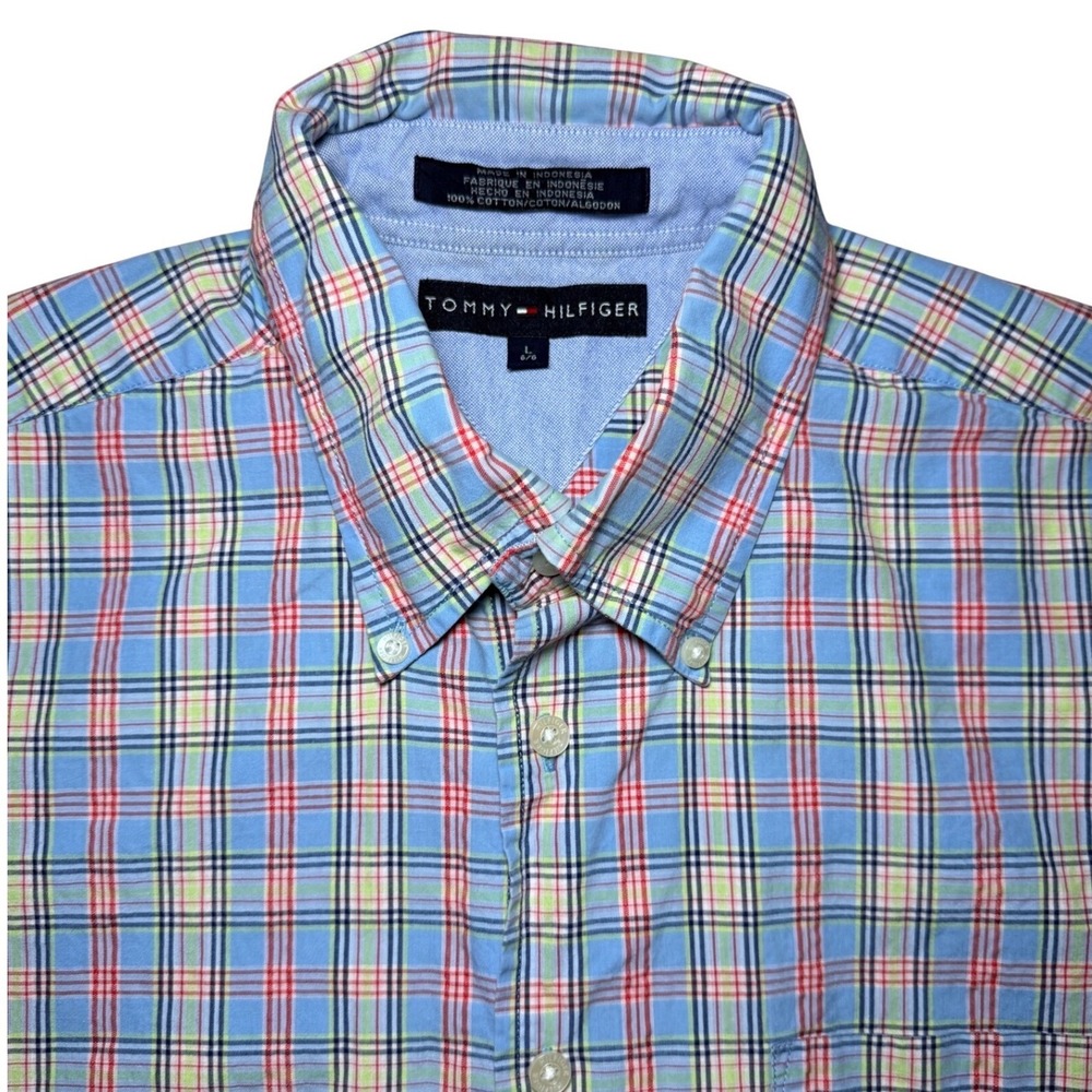 Tommy Hilfiger Short Sleeve Button Down Shirt Men Large Light Blue Plaid Cotton
